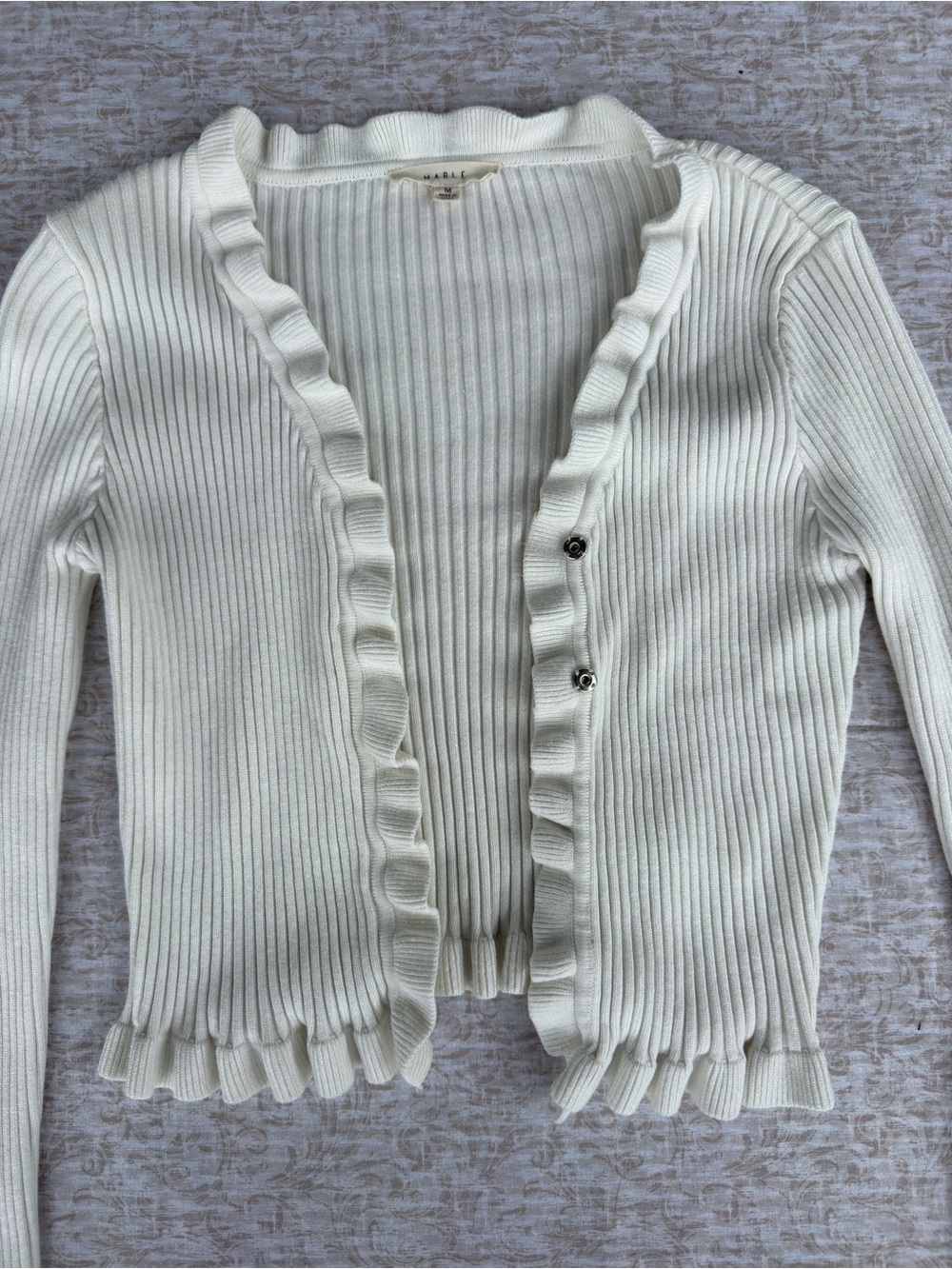 Mable White Ribbed Ruffle Cardigan Sweater Soft Feminine Knit - Picture 2 of 7